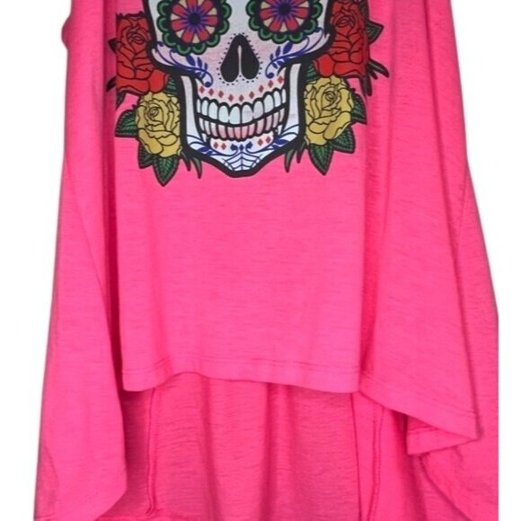 Pink High Low Tank Top Sugar Skull Roses Lace Back Detail Womens Dia De Muertos - Picture 6 of 11